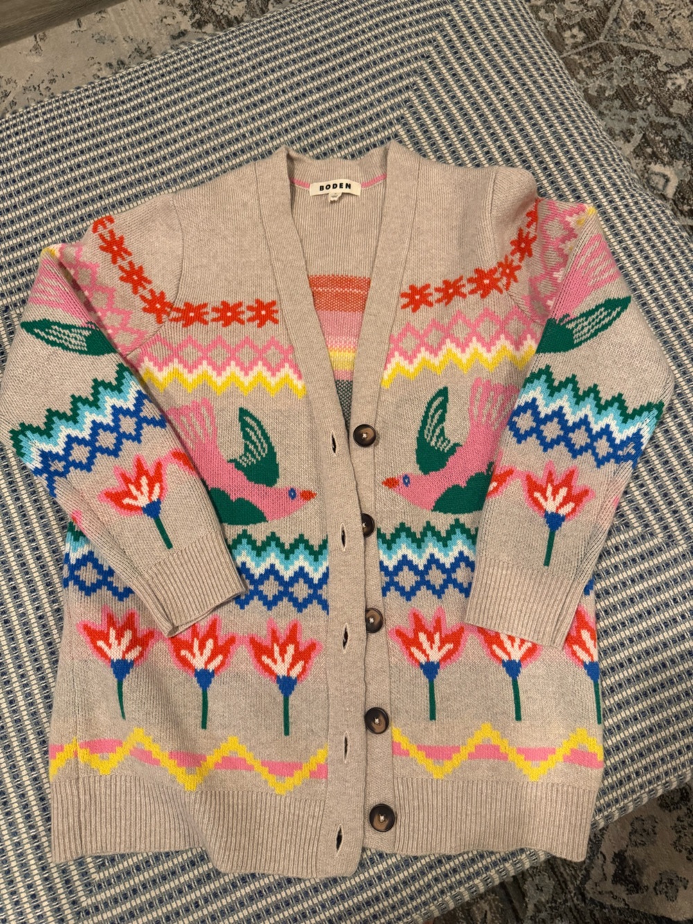Boden Beige Cardigan with Pink Birds & Multicolor Floral Intarsia